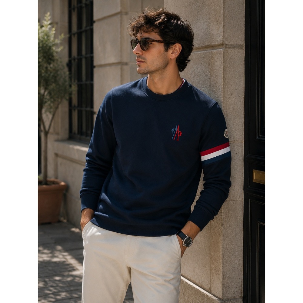 Moncler Mens Sweatshirt Small Navy Tricolor Stripe Logo Luxury NEW